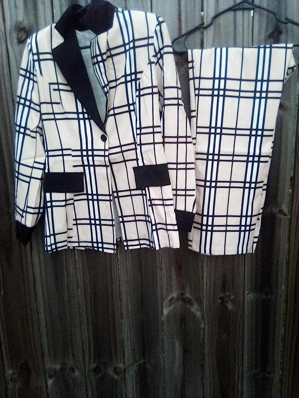 Woman White & Black Windowpane Blazer and Trousers Set